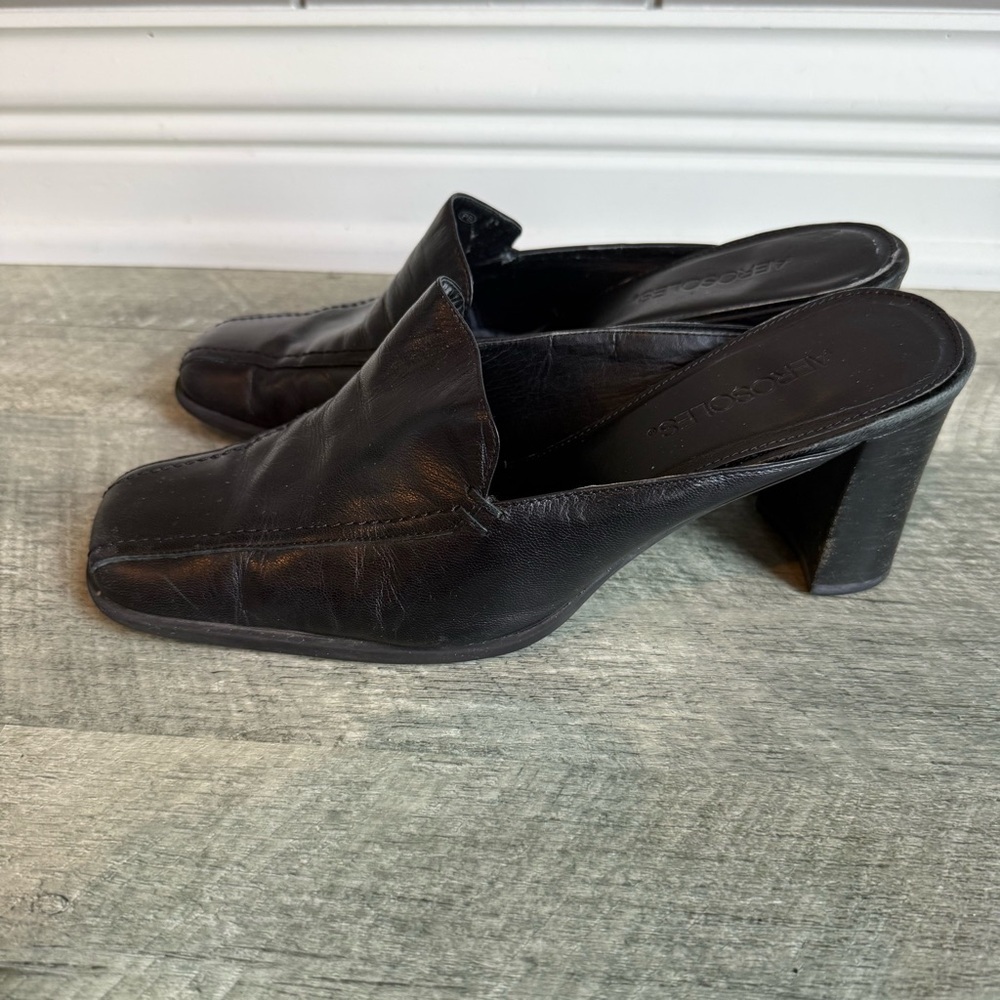 Vtg Clog Mules Womens 8 Black Leather Slip-On Heeled Sq Toe Block Heel Shoe - Picture 4 of 11
